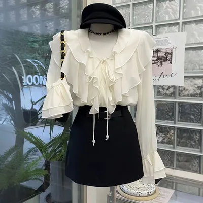 French Elegant Ruffled V neck Long Sleeve Shirt Women White - Shop at LoveMi