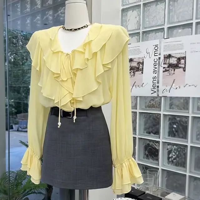French Elegant Ruffled V neck Long Sleeve Shirt Women Yellow - Shop at LoveMi