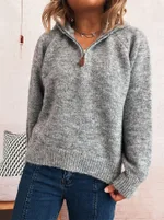 Solid Color Casual Hooded Knitted Sweater For Women - Light Gray
