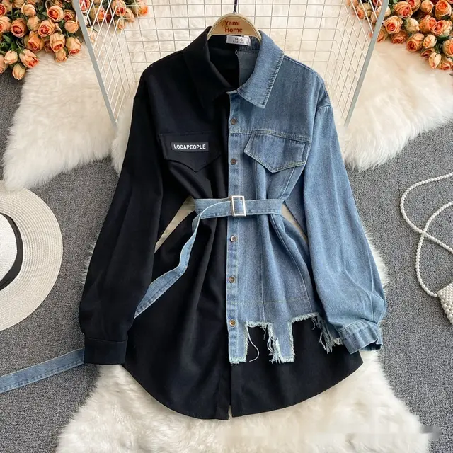 Denim Stitching Lapel Dress Waist Slimming Mid length Shirt Black - Shop at LoveMi
