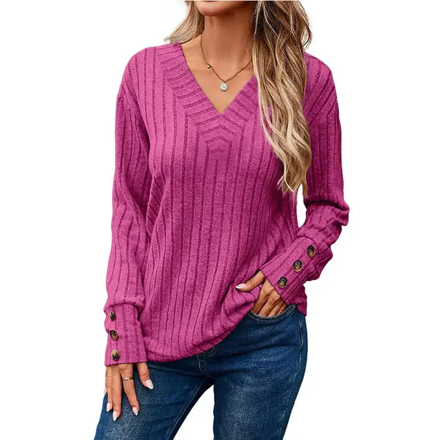 Women's Long sleeved Blouse Solid Color Buttons T shirt Rose Red - Shop at LoveMi