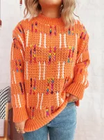 Contrast Color Cute Style Knitted Pullover Sweater For Women - Orange