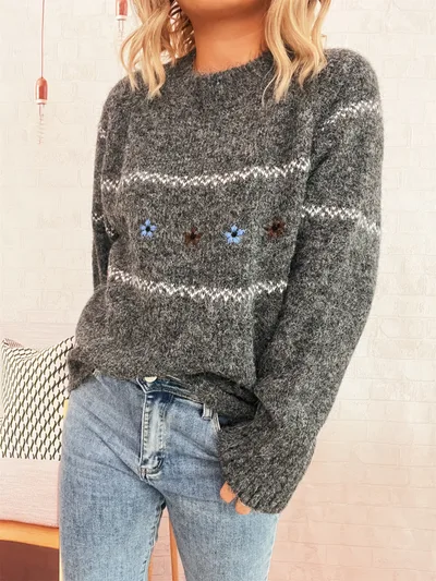 Cute Flowers Embroidery Contrast Color Knitted Pullover For Women Dark Gray - Shop at LoveMi