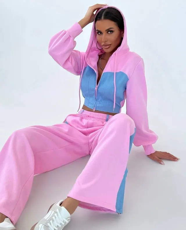Fashion Casual Sweater Suit Denim Stitching Hooded Top And Trousers Women's Clothing Pink - Shop at LoveMi