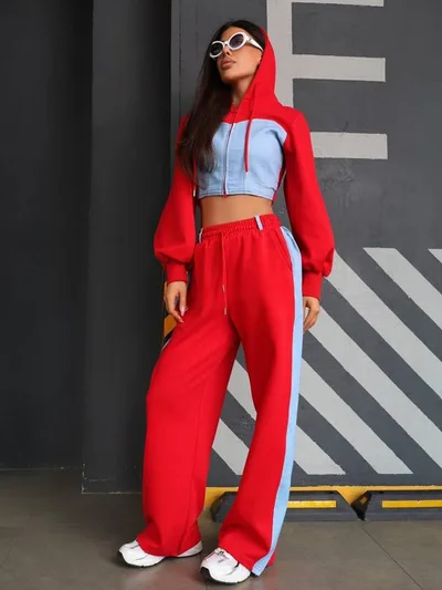 Fashion Casual Sweater Suit Denim Stitching Hooded Top And Trousers Women's Clothing Red - Shop at LoveMi