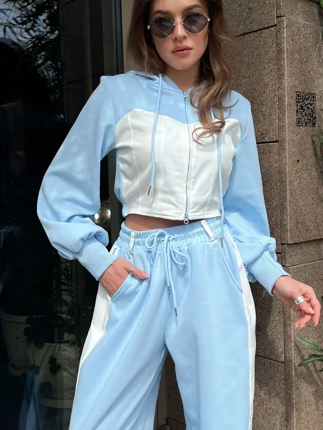 Fashion Casual Sweater Suit Denim Stitching Hooded Top And Trousers Women's Clothing Sky Blue - Shop at LoveMi