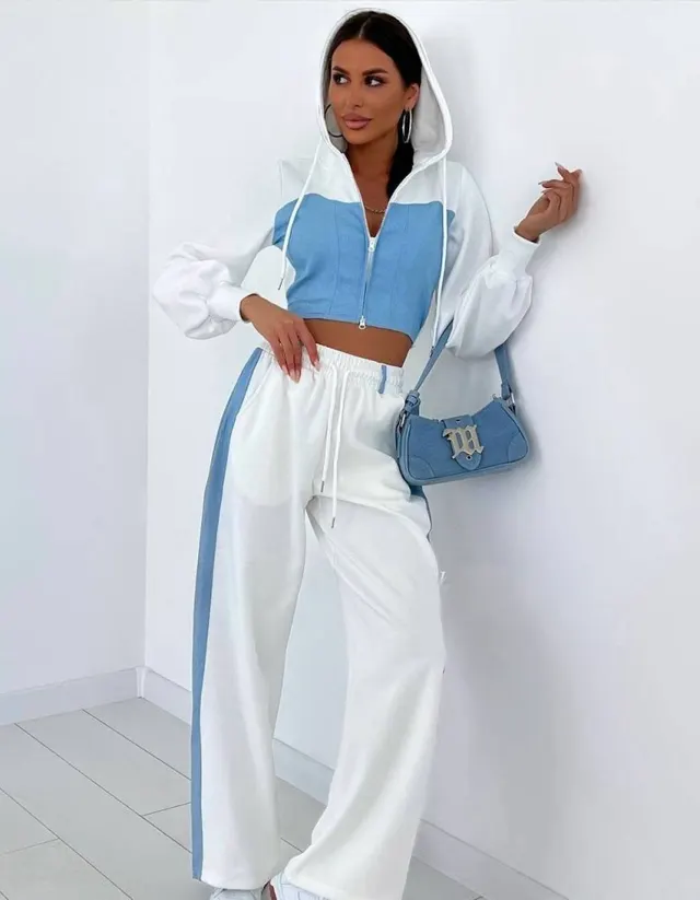 Fashion Casual Sweater Suit Denim Stitching Hooded Top And Trousers Women's Clothing White - Shop at LoveMi