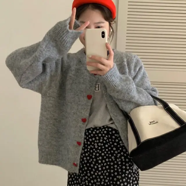 Love Button Knitted Cardigan Women's Sweater Coat Light Gray - Shop at LoveMi