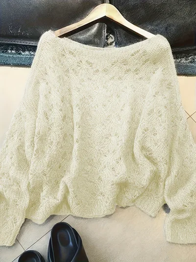 Cutout Blouse Thin Loose High end All matching Youthful looking Pullover Knitted Top Beige - Shop at LoveMi