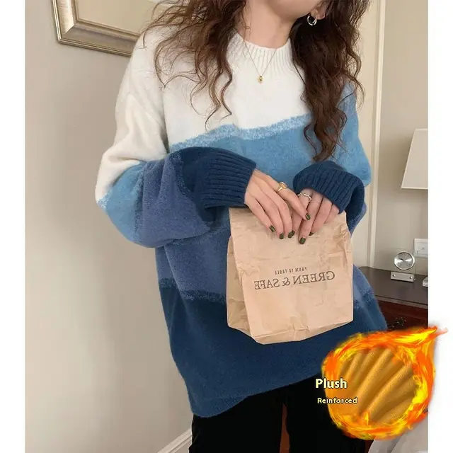 Autumn And Winter New Niche Design Casual Sweater Blue With Velvet Inside - Shop at LoveMi