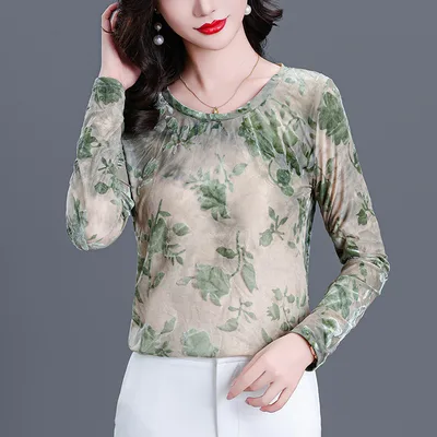 Polyester Women's Long sleeved Lace Print Top Green - Shop at LoveMi