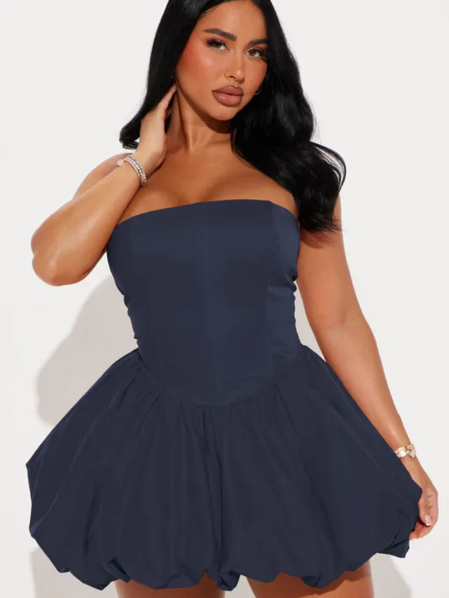 French Style Pure Design Sense Tube Top Cinched Waist Skirt Navy Blue - Shop at LoveMi