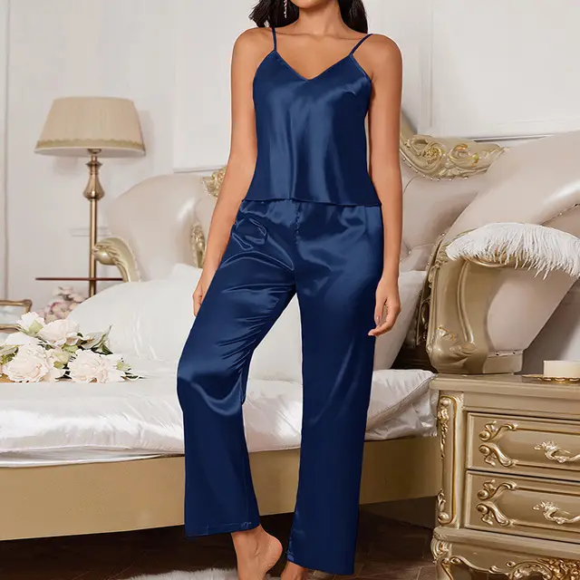 Women Suspenders Trousers Pajamas Set Casual Simple Loose Sleeveless Pajamas Navy Blue - Shop at LoveMi
