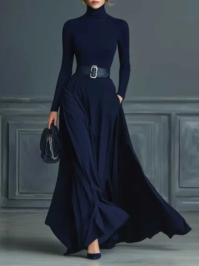 Women's Solid Color Long sleeved Waist Dress Navy Blue - Shop at LoveMi