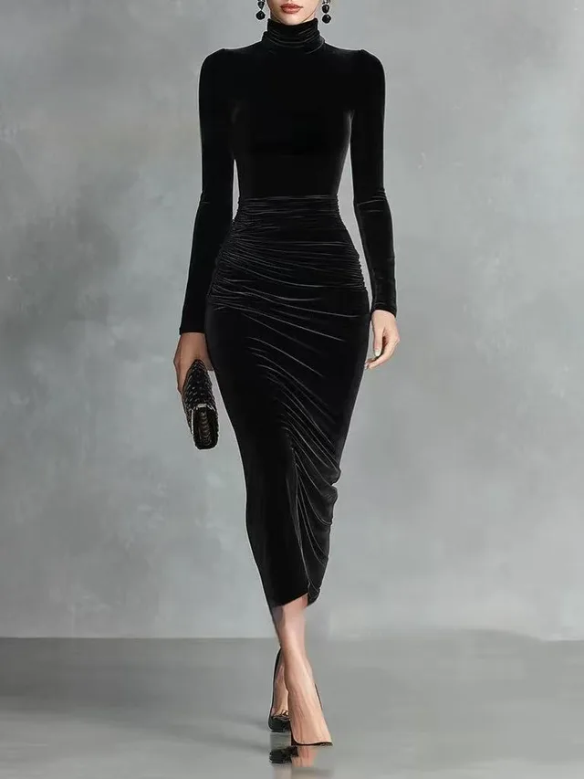 Black Velvet Sexy Half Turtleneck Dress Women Black - Shop at LoveMi