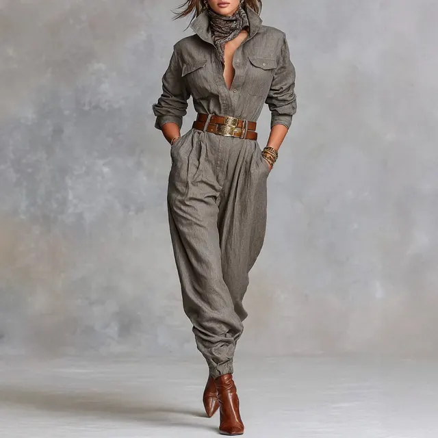 New Women's Long sleeved Lapel Jumpsuit Women Gray - Shop at LoveMi