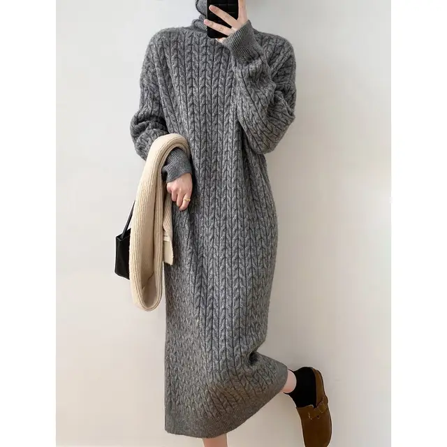 Idle Style Turtleneck Long Twist Knitted Dress Gray Grey - Shop at LoveMi
