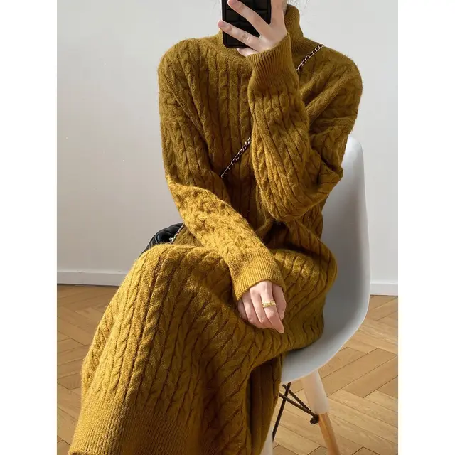 Idle Style Turtleneck Long Twist Knitted Dress Olive - Shop at LoveMi