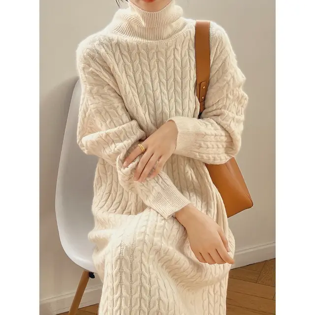 Idle Style Turtleneck Long Twist Knitted Dress White - Shop at LoveMi