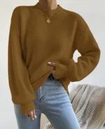 Pure Color Half Collar Leisure Pullover Sweater Women's Long-sleeved Sweater - Coffee Color