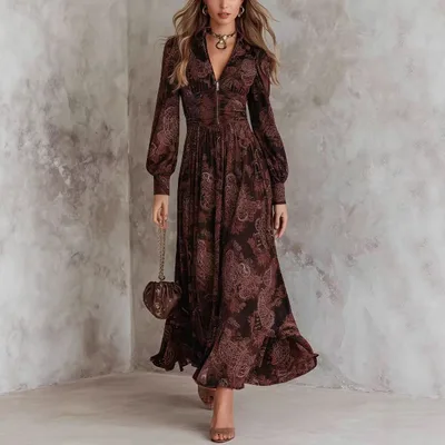 Fashionable High end Printed Dress For Women Brown - Shop at LoveMi