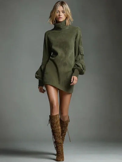 Fashion High Collar Long Sleeve Dress For Women Army Green - Shop at LoveMi