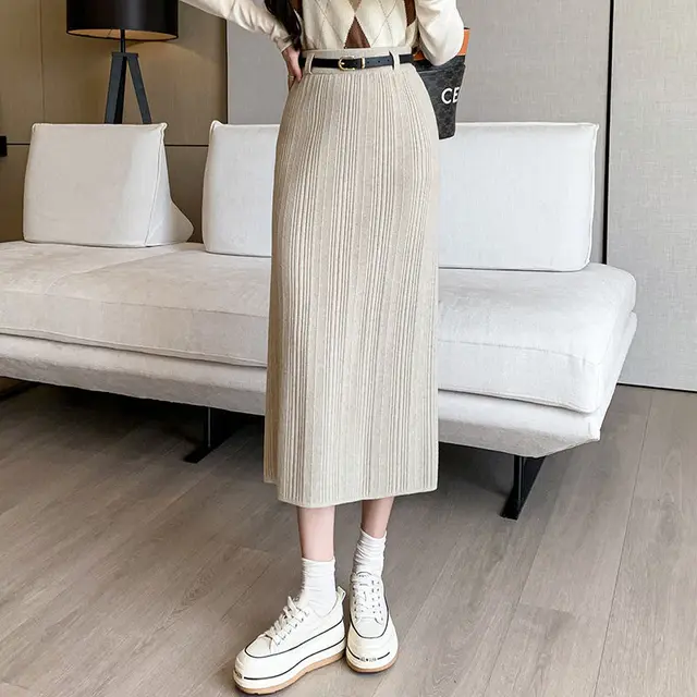 French Stripe Slit Knitted High Waist Sheath Straight Skirt Oatmeal Color - Shop at LoveMi