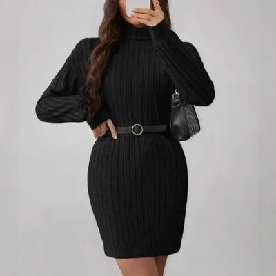 Women's Sunken Stripe Fleece Turtleneck Slim Dress Black - Shop at LoveMi