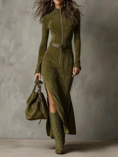 Slim Zipper Dress Elegant Temperament Split Long sleeved Dresses Cowboy Fashion Retro Women's Clothing Green - Shop at LoveMi