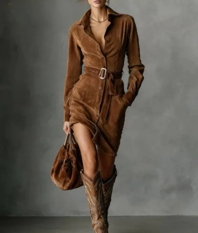 Women's Long sleeved Blouse Dress With Belt Coffee - Shop at LoveMi