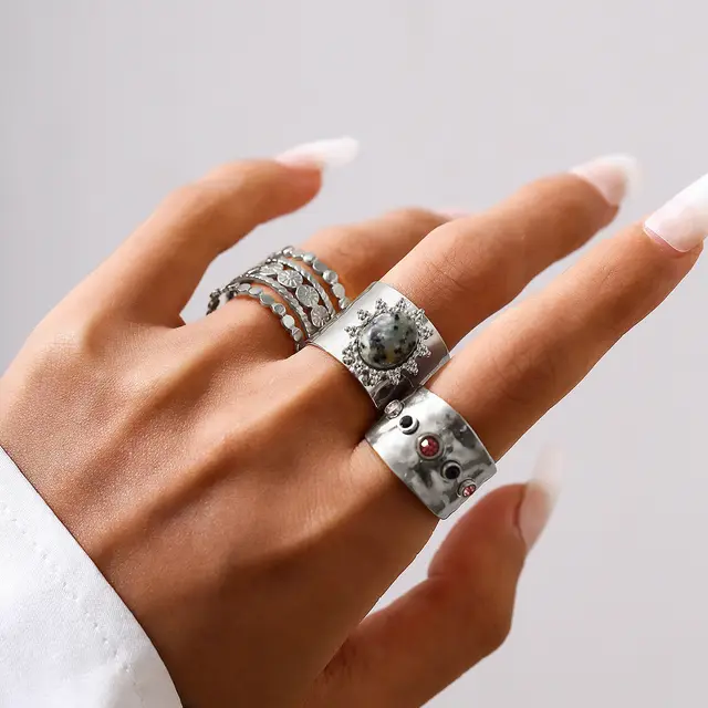 European And American Retro Micro inlaid Wide Face Ring Set For Women White K - Shop at LoveMi