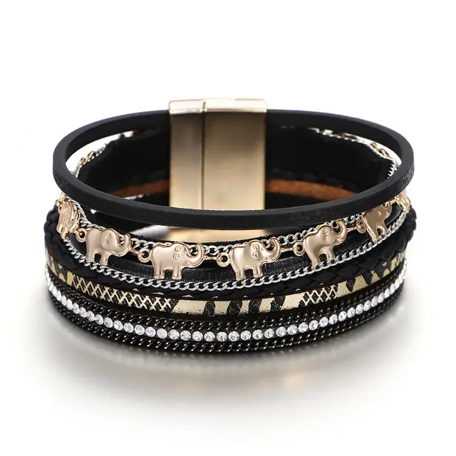Metal Women's Animal Pattern Leather Woven Bracelet Black - Shop at LoveMi