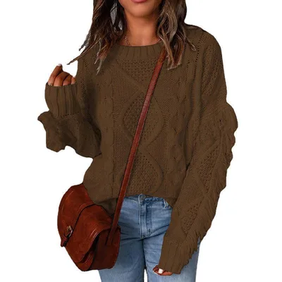 Fashion Pullover Round Neck Knitted Sweater For Women Dark Brown - Shop at LoveMi