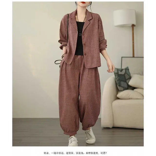 New Retro Cardigan Coat Trousers Suit For Women Red Stripe - Shop at LoveMi