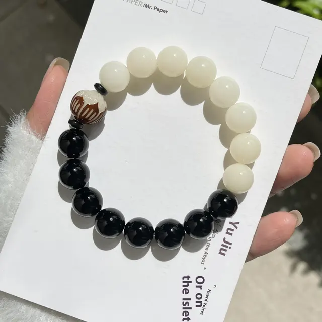 White Jade Bodhi Leather Lotus Mori Style Vintage Obsidian Ball Bracelet Xuan Night - Shop at LoveMi