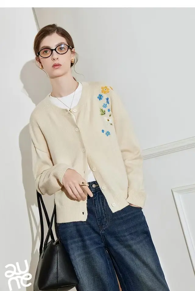 New Retro Flower Embroidered Cardigan Sweater Casual Coat For Women Beige - Shop at LoveMi