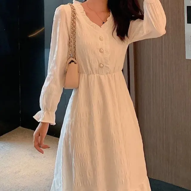 Autumn New French Style White Long Sleeve Dress For Women Beige - Shop at LoveMi