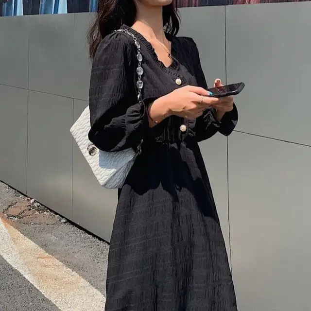 Autumn New French Style White Long Sleeve Dress For Women Black - Shop at LoveMi