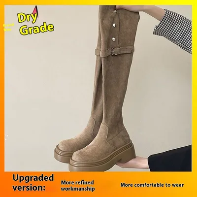 Over the knee Folding Long Tube Two way Wear Boots With Chunky Heels Women's Thick Bottom Khaki - Shop at LoveMi
