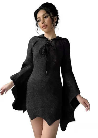 Ghost Face Batwing Sleeve Lace up V neck Irregular Shiny Dress Black - Shop at LoveMi