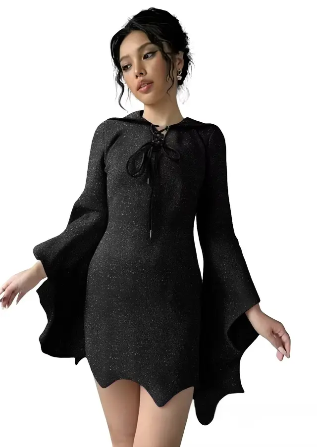 Ghost Face Batwing Sleeve Lace up V neck Irregular Shiny Dress Black - Shop at LoveMi