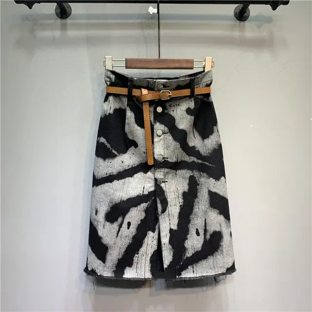 Tie dyed High Waist Stretch Denim Skirt Black And Gray - Shop at LoveMi