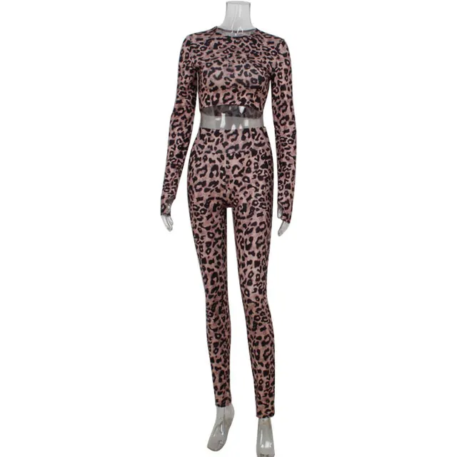 Women's Fashion Leopard Suit Tight Long Sleeves Cropped Top And Trousers Two piece Suit Leopard Print - Shop at LoveMi