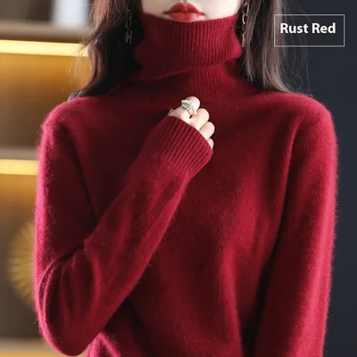 High Neck Inner Wear Loose Cashmere Knitted Bottoming Shirt Rust Red - Shop at LoveMi