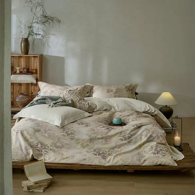 Cotton And Linen Yarn dyed Printing Single Double Bed Sheets Washed Four piece Set Beige - Shop at LoveMi