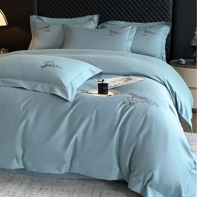 Light Luxury Autumn And Winter Thickening Light Brushed Four piece Bedding Set Washed Blue - Shop at LoveMi