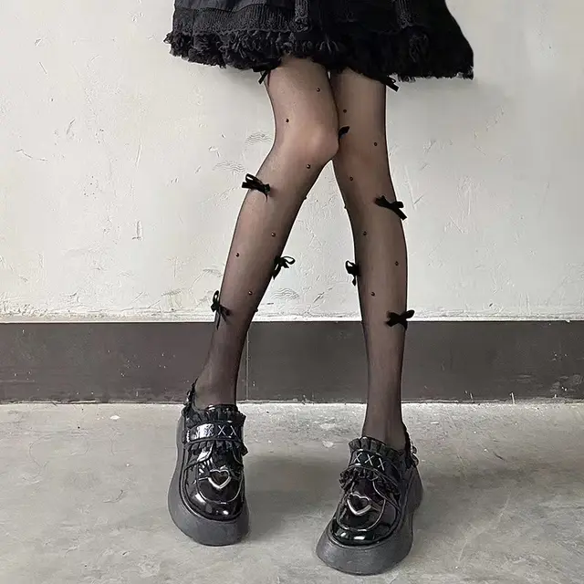 Bow Pearl White Stockings Lolita Leg Shaping Pantyhose Black Socks Black Butterfly - Shop at LoveMi