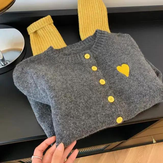 Preppy Style Love Embroidered Knitted Cardigan For Women Gray And Yellow - Shop at LoveMi