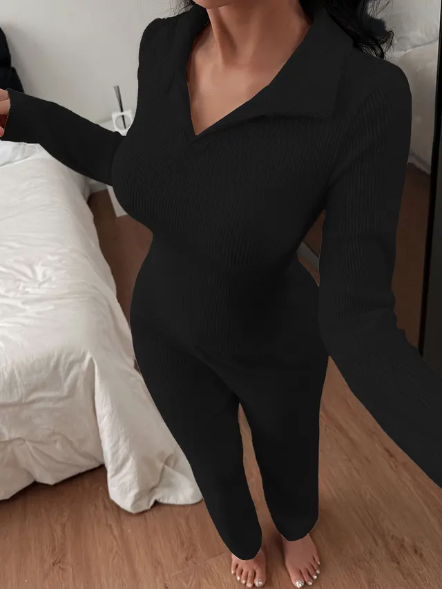 New Knitted Polo Collar Long sleeved Casual Trousers Pajamas Homewear Suit Black - Shop at LoveMi