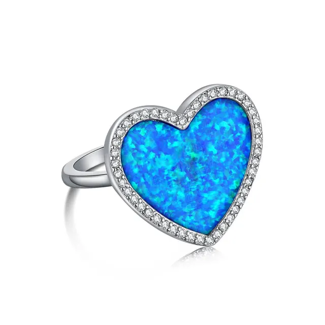 S925 Sterling Silver Heart shaped Opal Ring European And American Fashion Blue - Shop at LoveMi